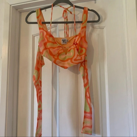 Princess Polly Funky 90's Style Sheer Too Floating Sleeves Tie Dye Orange Yellow - Picture 7 of 8